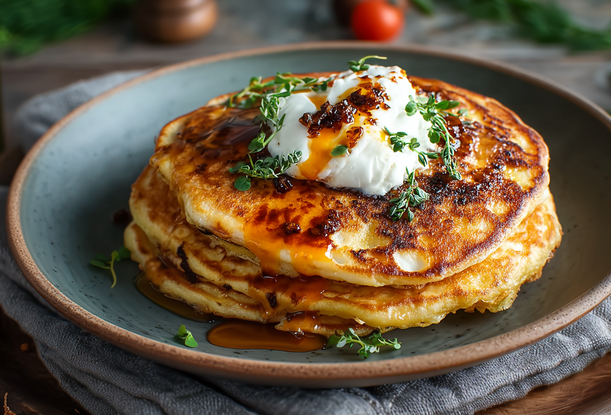 Ein Stapel pikanter Halloumi-Pancakes auf einem graublauen Teller. Sie sind mit Schmand und Öl getoppt. Im Hintergrund sieht man weitere Zutaten.