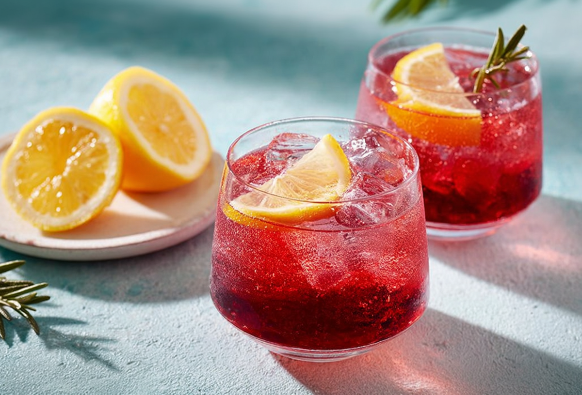 Zwei Gläser mit Port Tonic, daneben steht ein kleiner Teller mit Zitronen. Dekoriert mit Zitronenscheiben und Rosmarin.