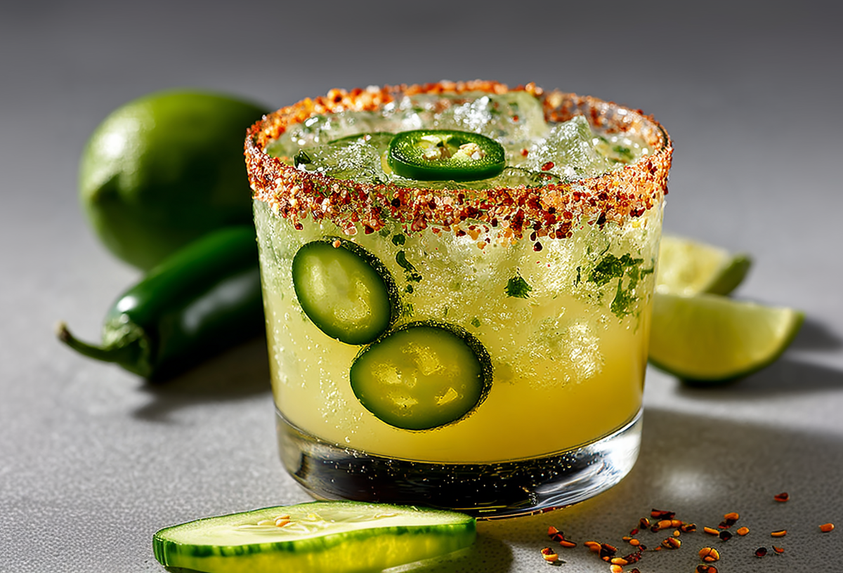 Eine scharfe Gewürzgurken-Margarita auf einem grauen Untergrund. Vor dem Glas liegt eine Gurkenscheibe. Dahinter liegen Limetten und eine Jalapeño.