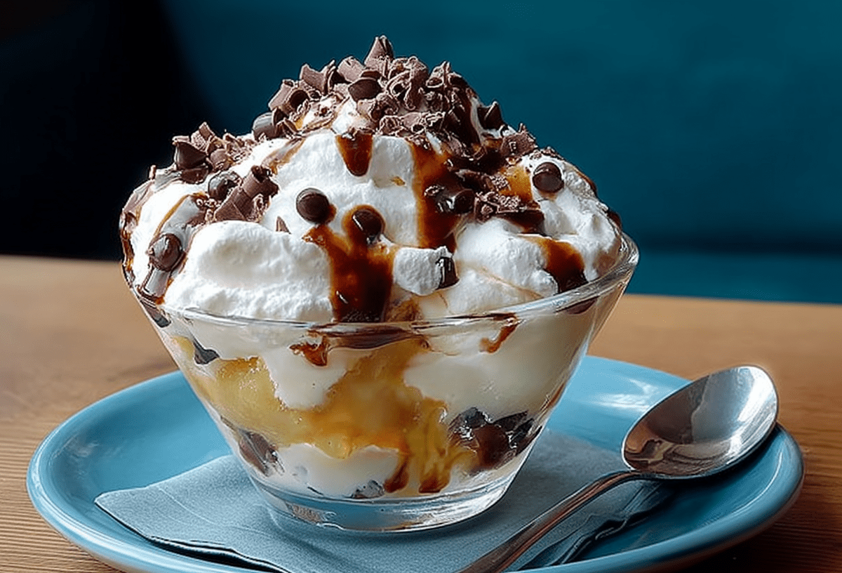 Ein Eisbecher mit Eis, Sahne und Apfelmus steht auf einem Teller. Daneben liegt ein Löffel.