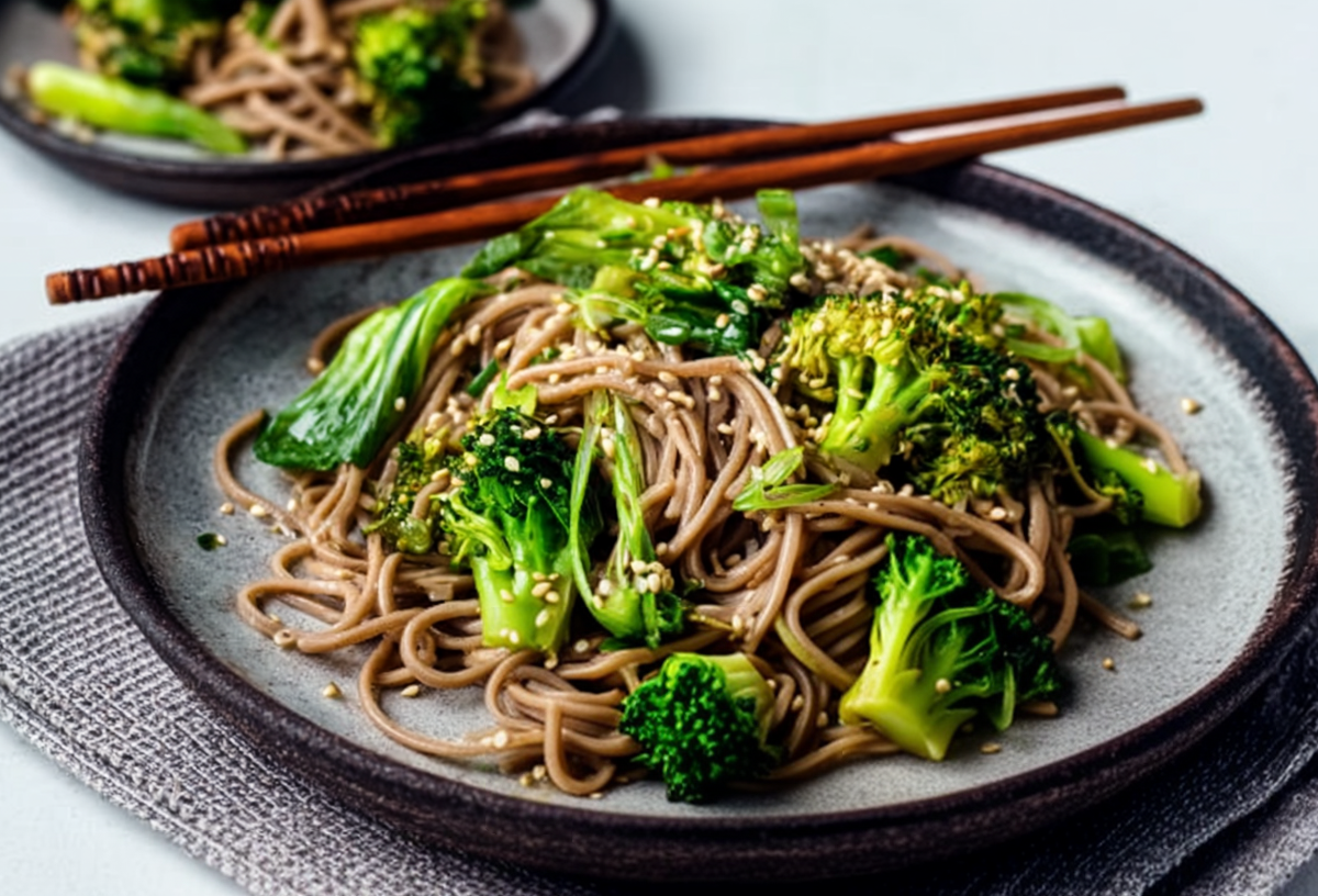Ein Teller mit Soba-Nudeln mit Brokkoli und Pak Choi. Daneben liegen Esststäbchen.