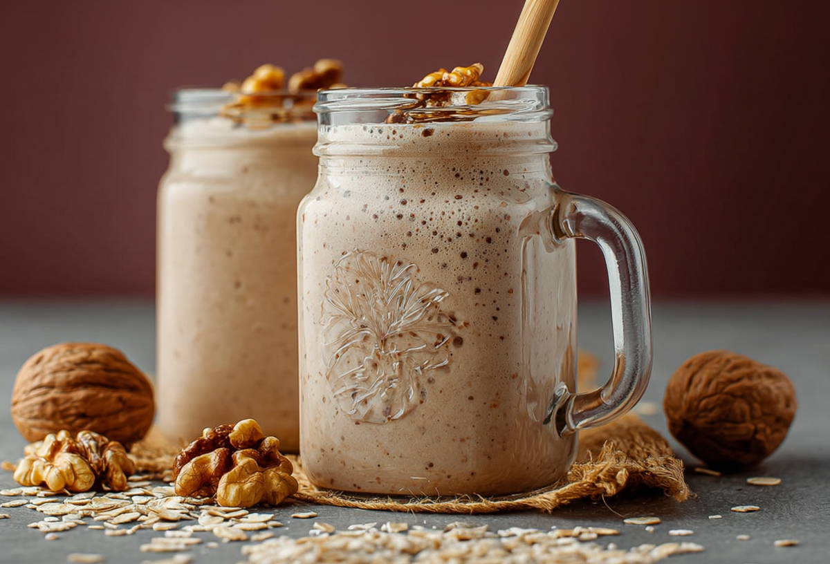 Zwei Gläser mit Walnuss-Hafer-Smoothie stehen nebeneinander. Außen herum liegen Walnüsse als Dekoration.