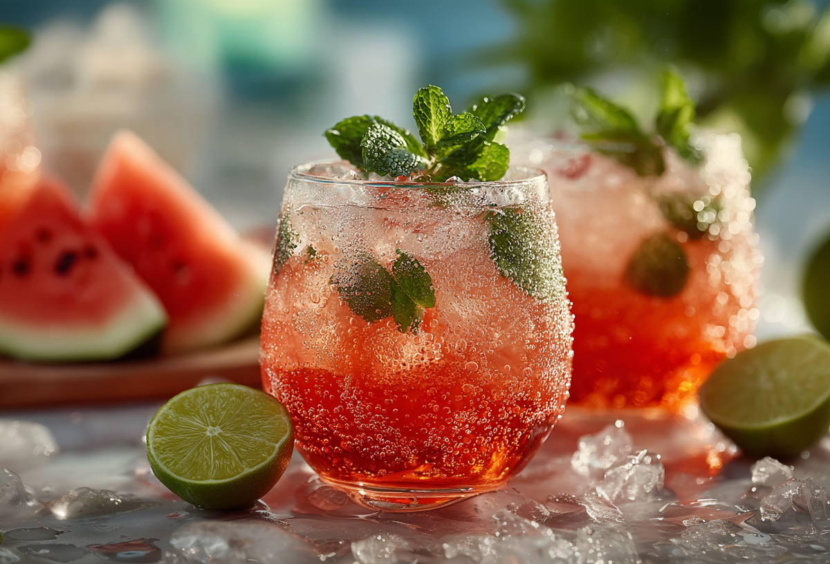 Zwei Gläser Wassermelonen-Spritz-Cocktail sind zu sehen. um sie verteilt liegen Eiswürfel und zwei Limettenhälften. Im Hintergrund sieht man eine geschnittene Wassermelone.