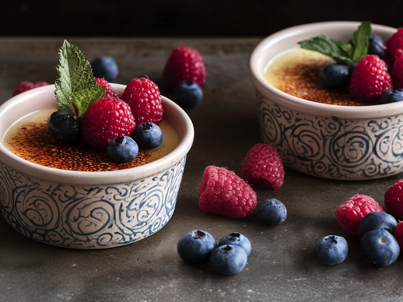 Yoghurt-Brulée mit Beeren, serviert in zwei Schälchen. Dekoriert mit frischen Beeren und frischer Minze.