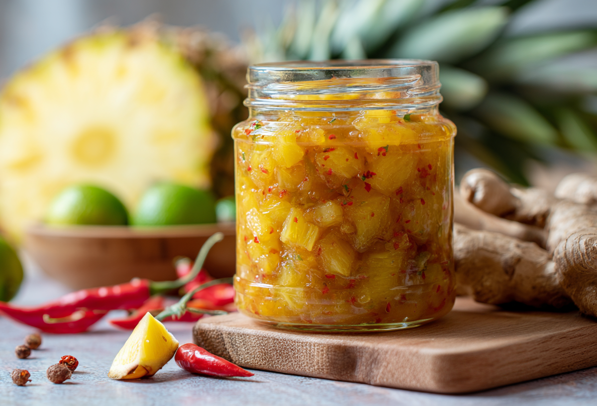 Ein Glas mit Ananas-Chutney auf einem Holzbrett. Im Hintergrund sieht man eine aufgeschnittene Ananas, Limetten, Ingwer, Chilis.