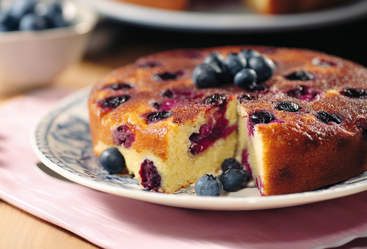 Ein Blaubeer-Hüttenkäsekuchen steht auf einem Teller. Im Hintergrund und links liegen noch einige Blaubeeren. Der Kuchen ist angeschnitten und mit frischen Blaubeeren dekoriert.