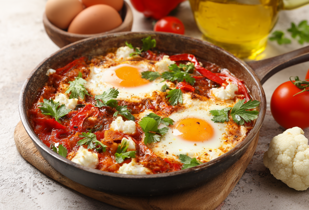 Eine Pfanne mit Blumenkohl-Shakshuka steht auf einem Brett.