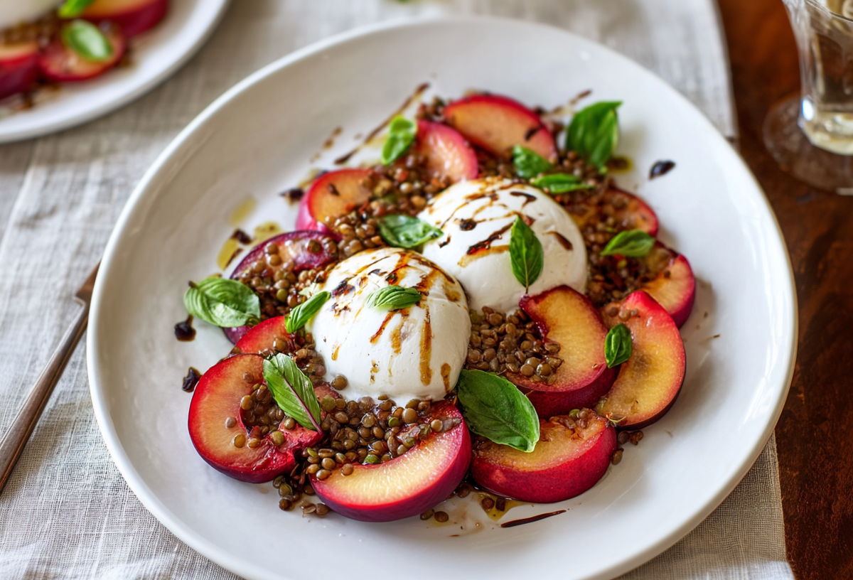 Burrata mit Pflaumen und Linsen auf einem großen Teller.