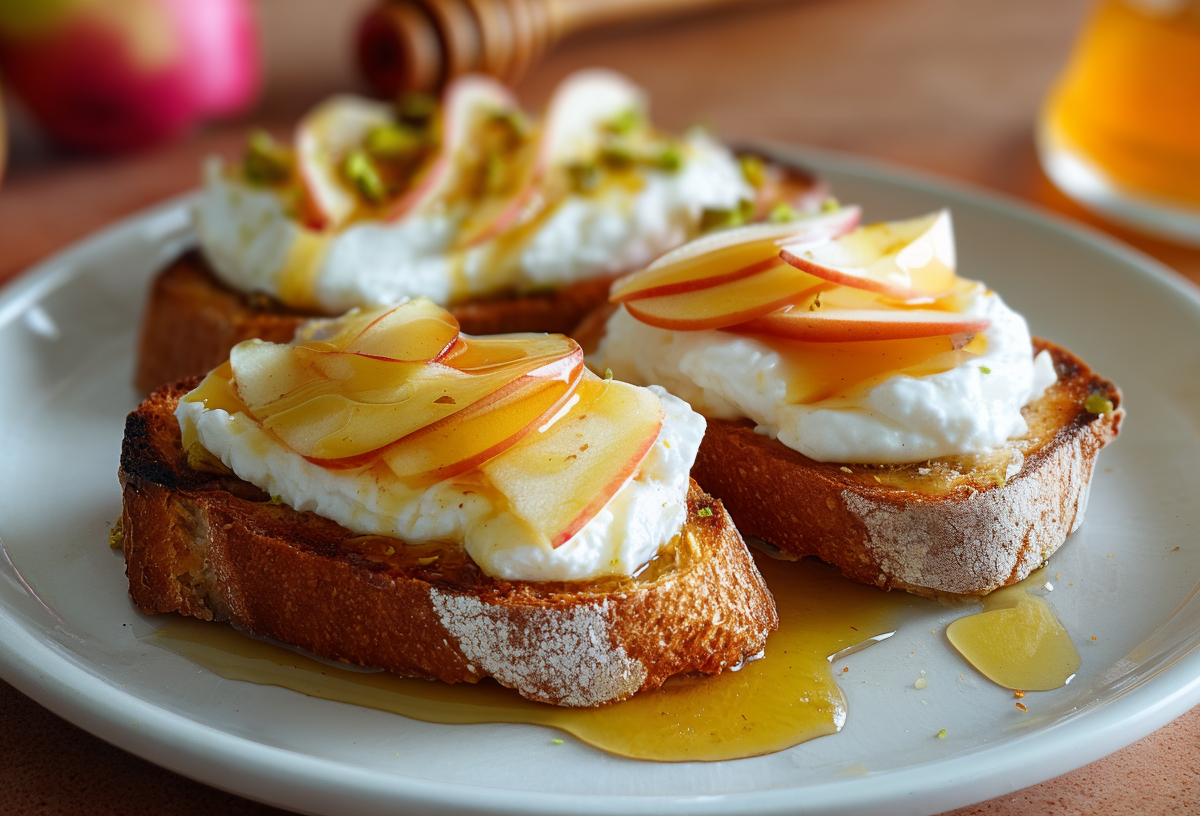Drei Burrata-Toasts mit Apfel und Honig liegen auf einem Teller.