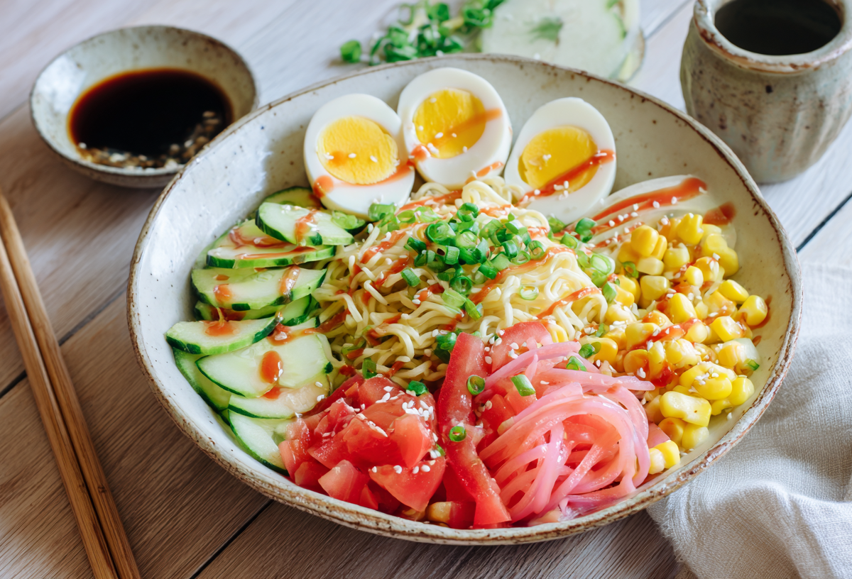 Eine Schüssel mit Hiyashi-Chuka. Links neben der Schüssel liegen Stäbchen sowie eine Schlae Sojasoße.