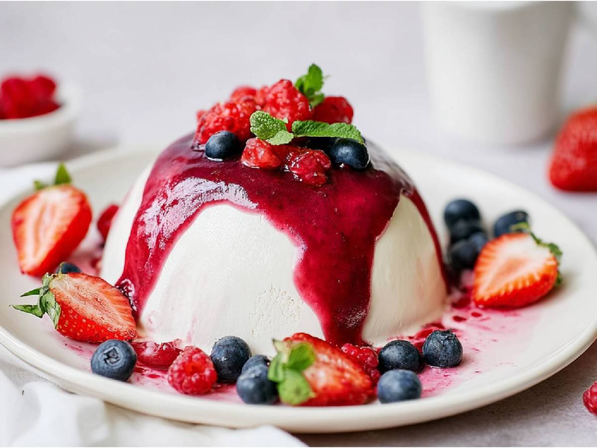 Joghurtbombe mit Beerensoße: Dieses Dessert macht ordentlich Eindruck