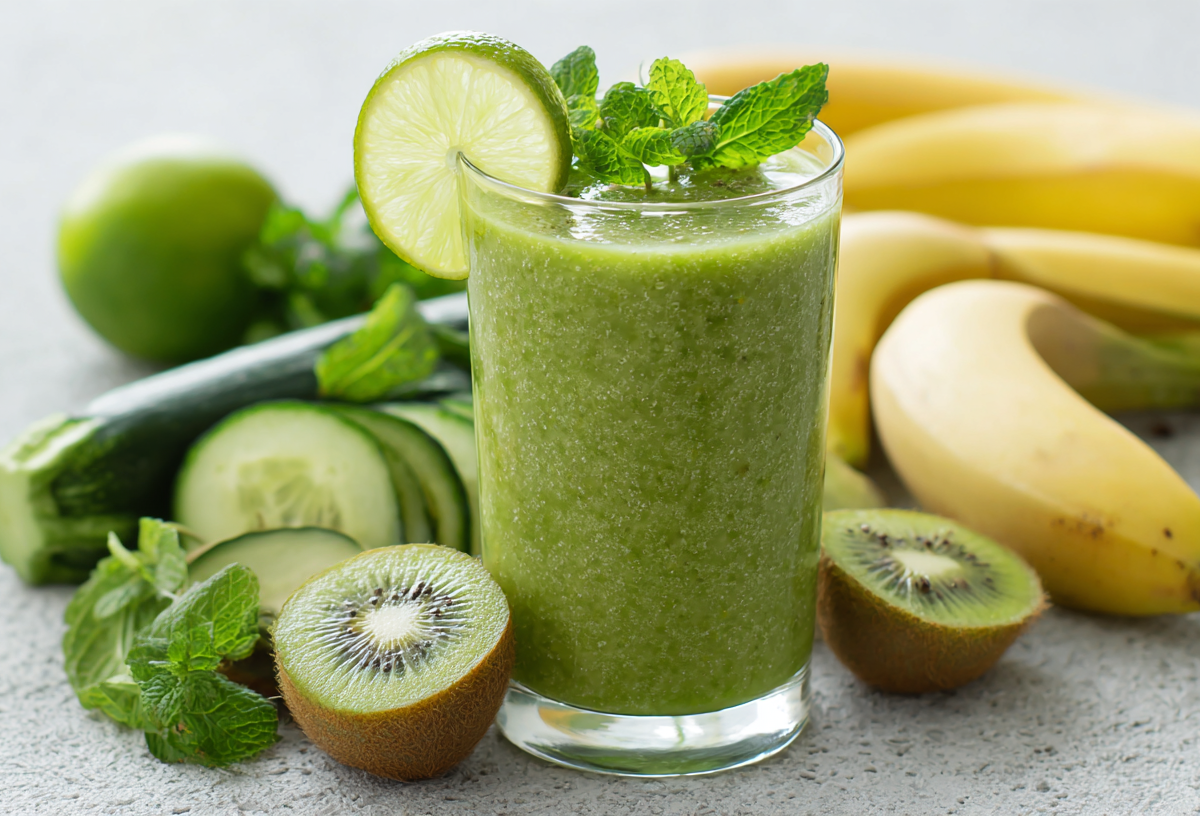 Ein Glas Kiwi-Zucchini-Smoothie auf einer grauen Arbeitsplatte. Um das Glas herum verteilt liegen Kiwis, Gurken, Bananen und eine Zucchini. Der Smoothie ist mit einer Limettenscheibe garniert.
