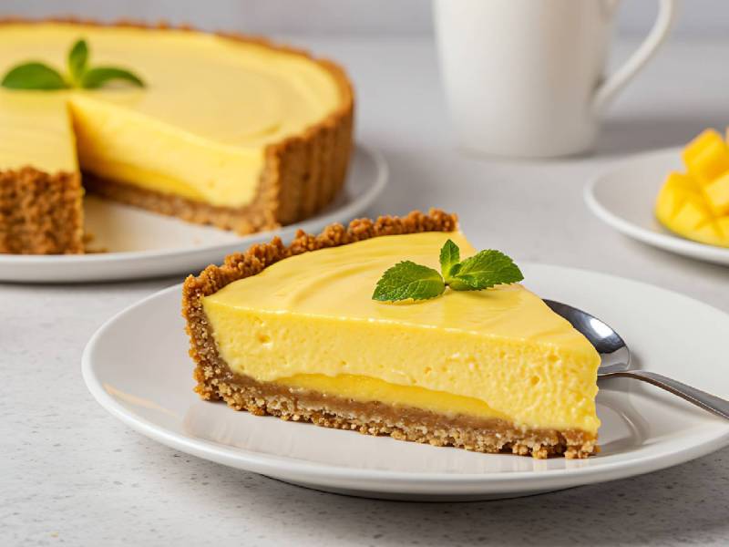 angeschnittene Mangocreme-Tarte auf einem Tisch