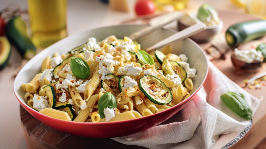 Nudelsalat mit gebratener Zucchini und Feta ist lecker und schnell gemacht