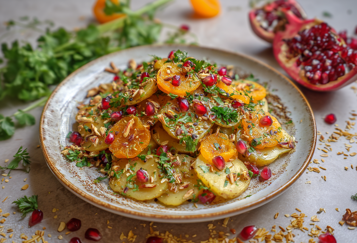 Ein Teller mit orientalischem Kartoffelsalat. Er ist mit Granatapfelkernen und kleingeschnittenen, getrockneten Aprikosen angerichtet. Rund um den Teller liegen Granatapfelkerne, Petersilie und kleingehackte Nüsse.