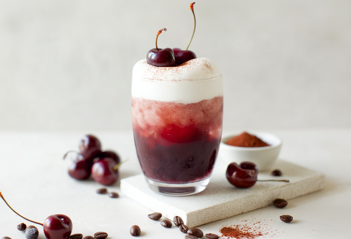 Ein Glas mit Red Velvet Kaffee auf einem kleinen Brett. Das Glas ist umgeben von einigen Kirschen und Kaffeebohnen.