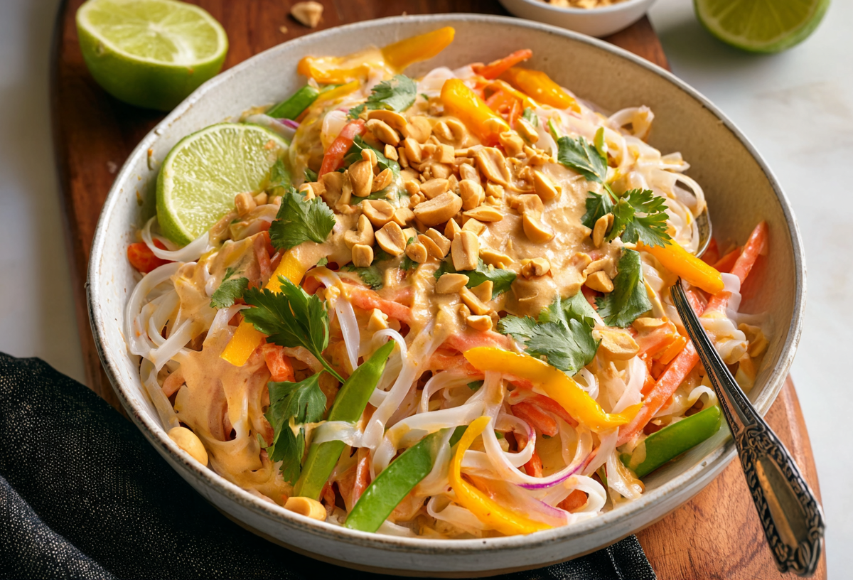 Eine Salatschale mit Reisnudelsalat mit Erdnusssoße.