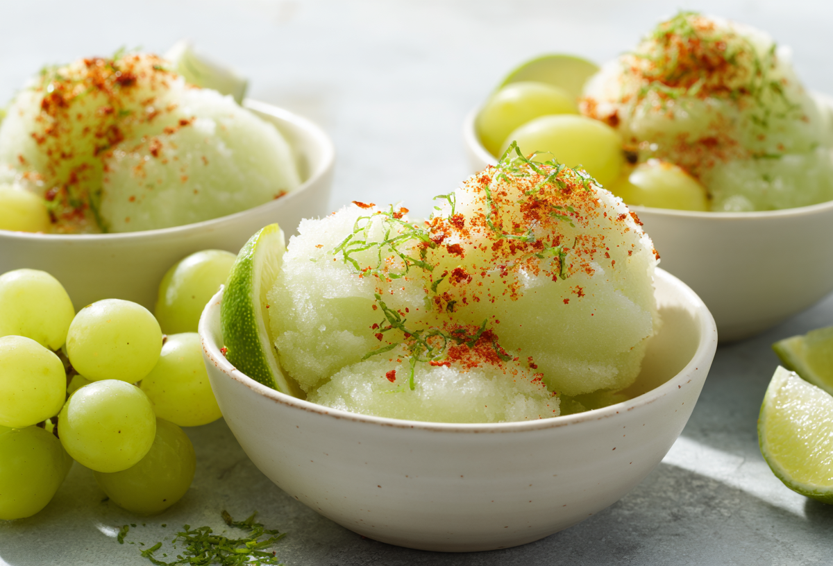 Drei Schalen Traubensorbet auf grauem Untergrund.c Sie sind mit Weintrauben und Limettenspalten angerichtet. Links liegen noch einige frische Trauben zwischen den Schalen.