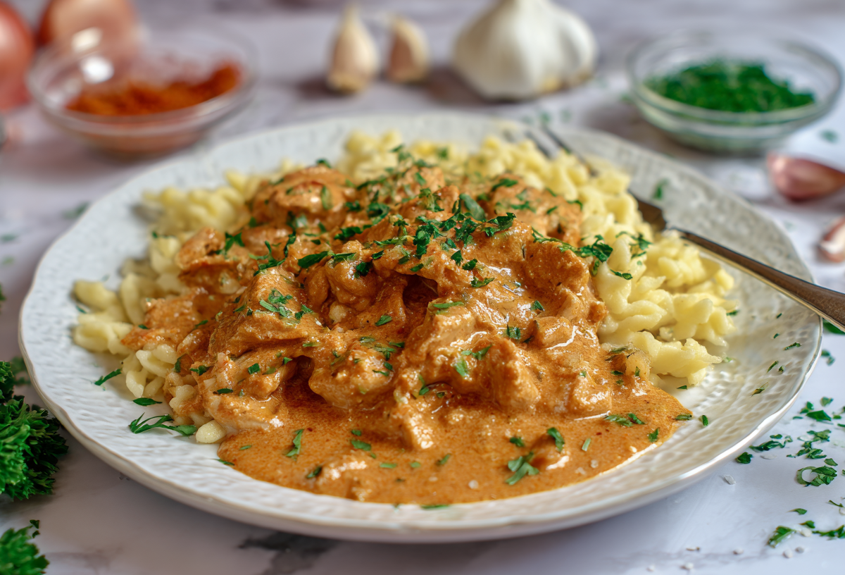 Ein Teller mit ungarischem Paprikahuhn auf einem weißen Untergrund. Um das Gericht herum verteilt liegen einige Zutaten, wie Petersilie, Paprikapulver, Knoblauch und Zwiebeln.