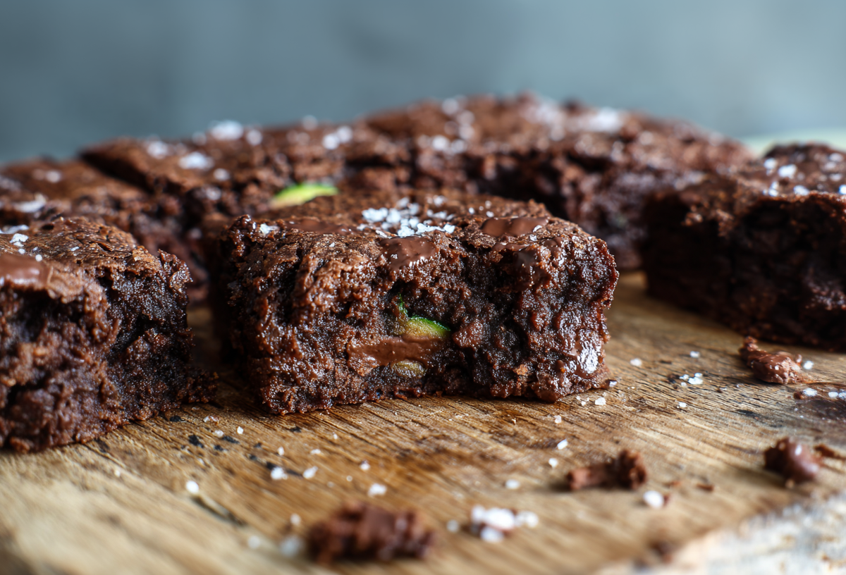 Mehrere Zucchini Brownies liegen auf einem Holzbrett. Sie sind angeschnitten und geben den Blick auf das Innere frei.