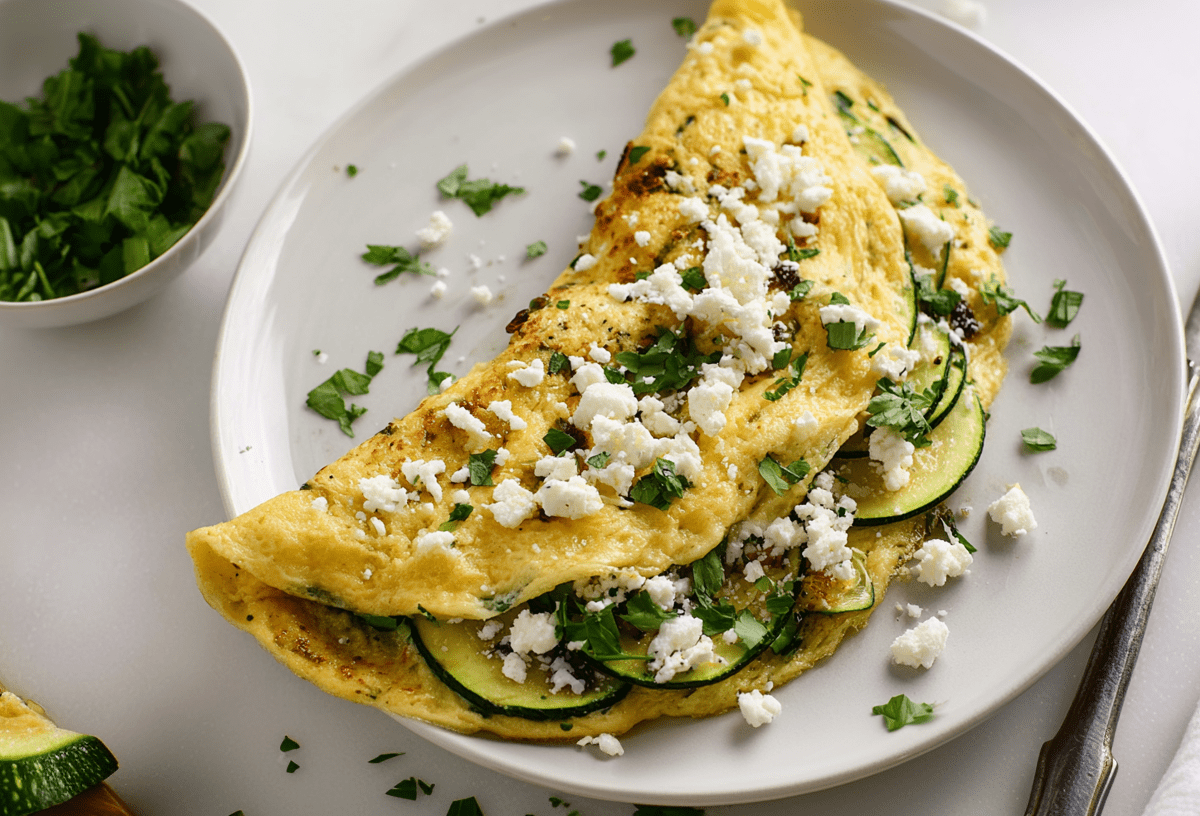 Zucchini-Feta-Omelett, garniert mit Feta und Kräutern, auf einem Teller.