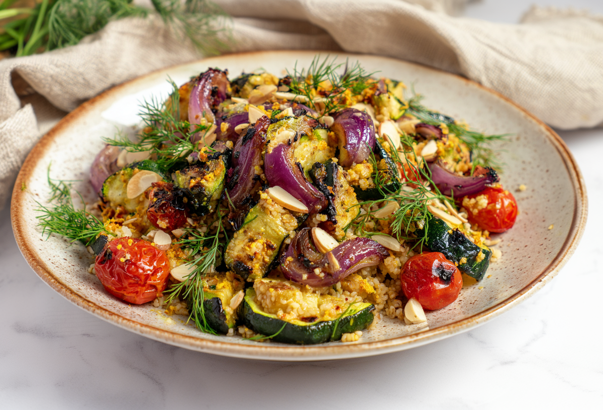 Ein Teller Zucchini-Mandel-Bulgur. Im Hintergrund liegt ein Stofftuch sowie frischer Dill.