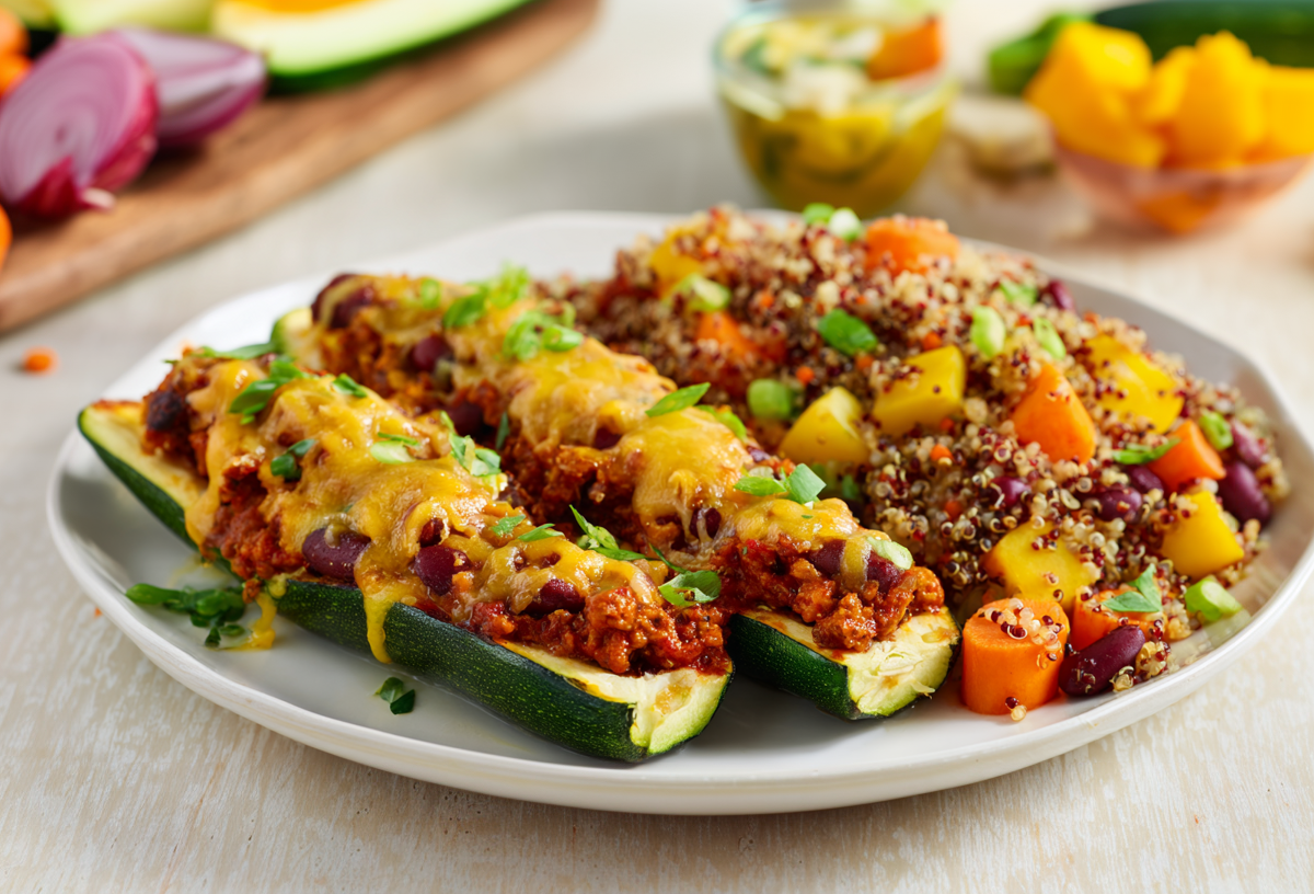 Gefüllte Zucchini mit Chili con Carne liegen auf einem weißen Teller. Daneben liegt eine Portion Bulgur mit Gemüse. Im Hintergrund sieht man von links nach rechts weitere Zutaten, wie Karotten, Zwiebeln und Zucchini.